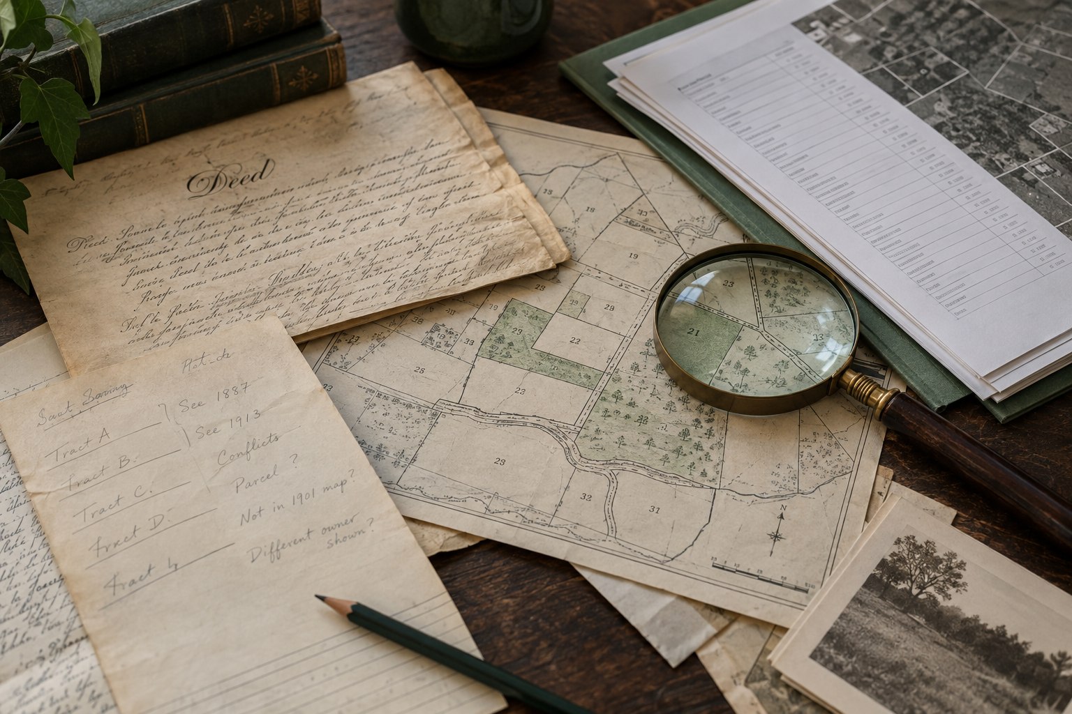 Illustrative research materials including old property deeds, ownership notes and a parcel map