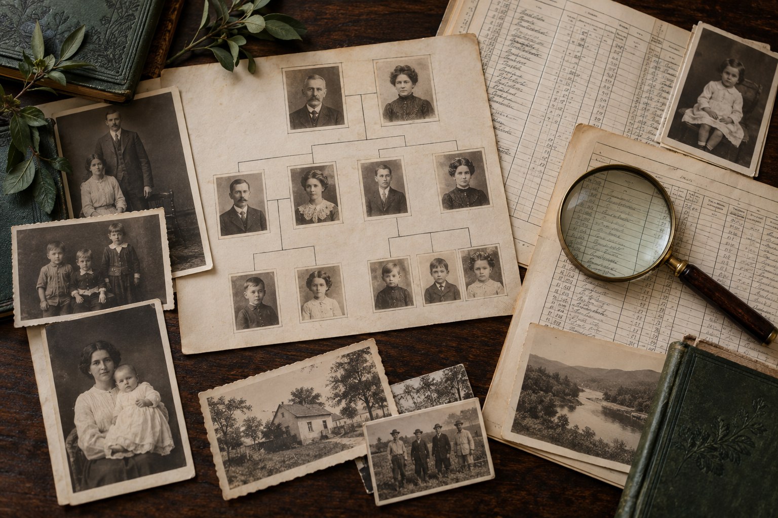 Illustrative genealogy research with an extended family tree, historic portraits and census records